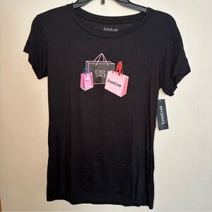 Bebe Womens M Black Shopping Bag Logo Graphic Short Sleeve TShirt Super Soft NEW
